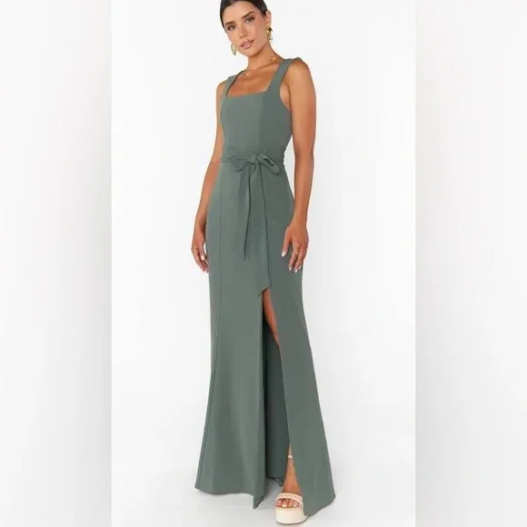 Olive Moss Green Dress Outfit Paris Gown White Stretch M